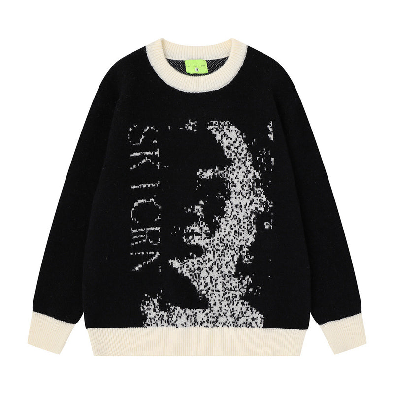 Men's Crew Neck Jacquard Knit Sweater – Pixelated Portrait Graphic, Contrast