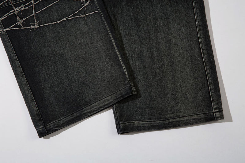 Wide-Leg Cargo Jeans with Barbed Wire Embroidery – Baggy Streetwear Denim