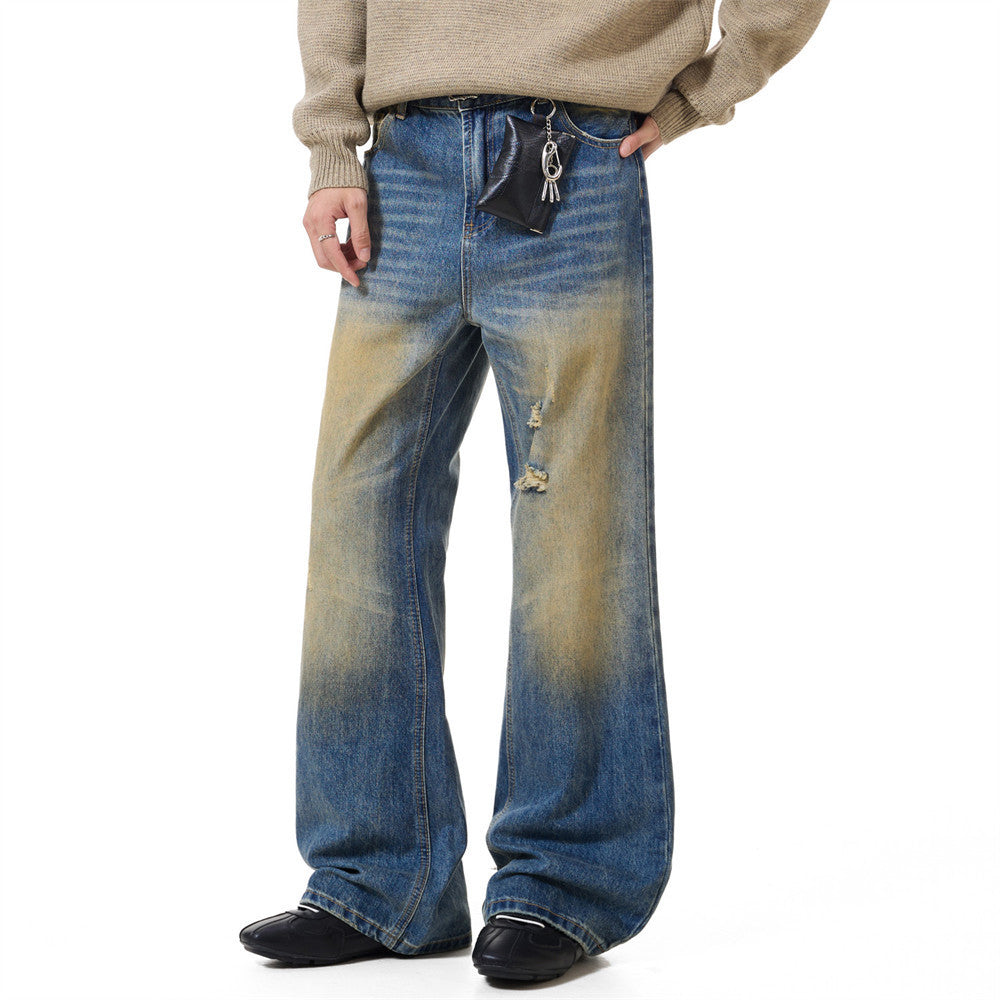 Men's Distressed Flare Jeans – Vintage Mud-Dye Wide Leg Denim