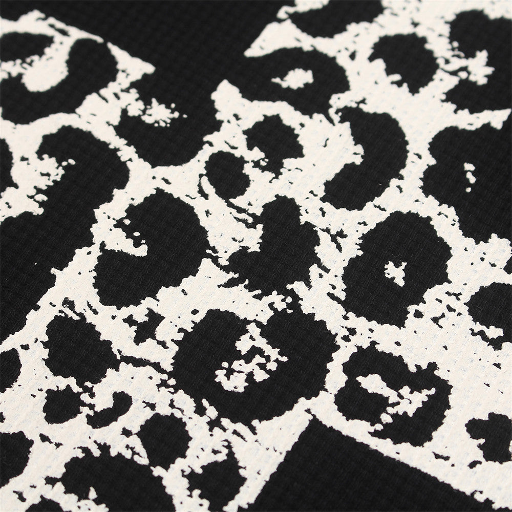 Men's Long Sleeve Shirt Leopard Cross Graphic Black Waffle-Knit Oversized Tee