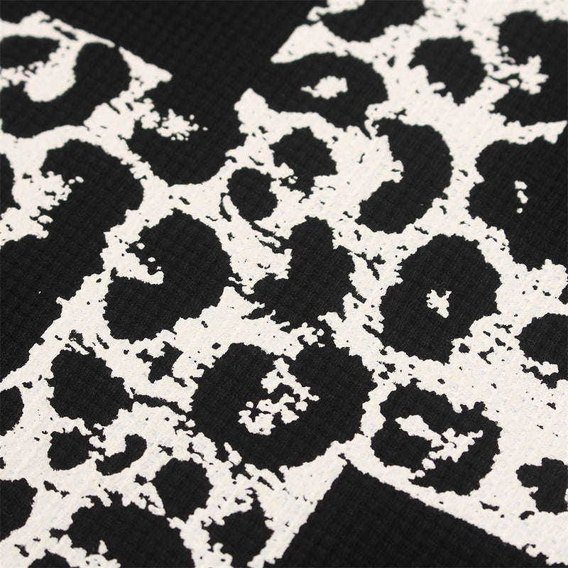 Men's Long Sleeve Shirt Leopard Cross Graphic Black Waffle-Knit Oversized Tee