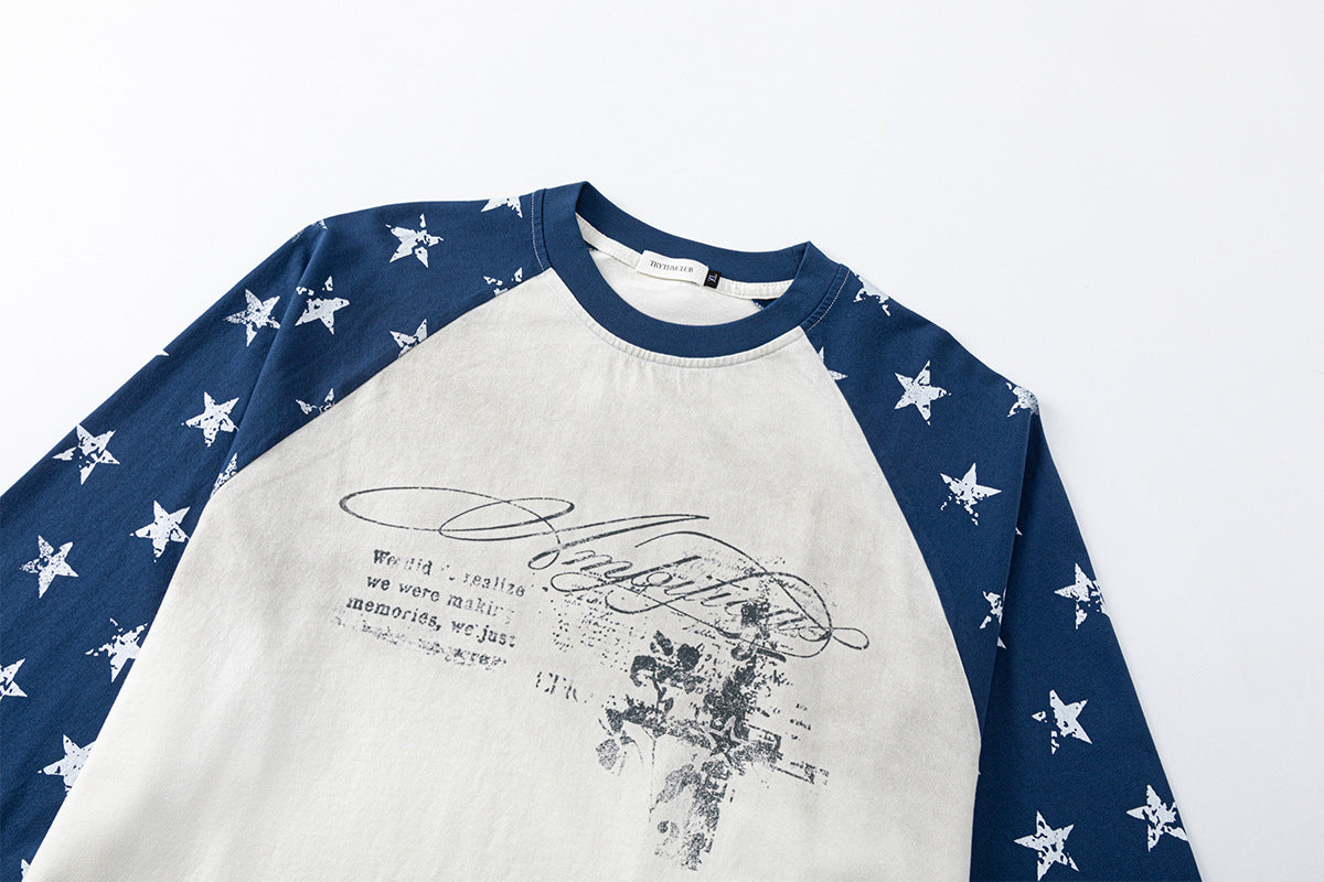 Navy Long Sleeve Shirt – Raglan Star-Print Sleeves Vintage Graphic Tee