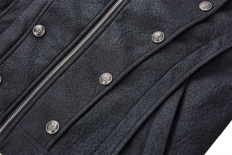 Men's Faux Leather Military Jacket – Double-Breasted Stand Collar Short Coat