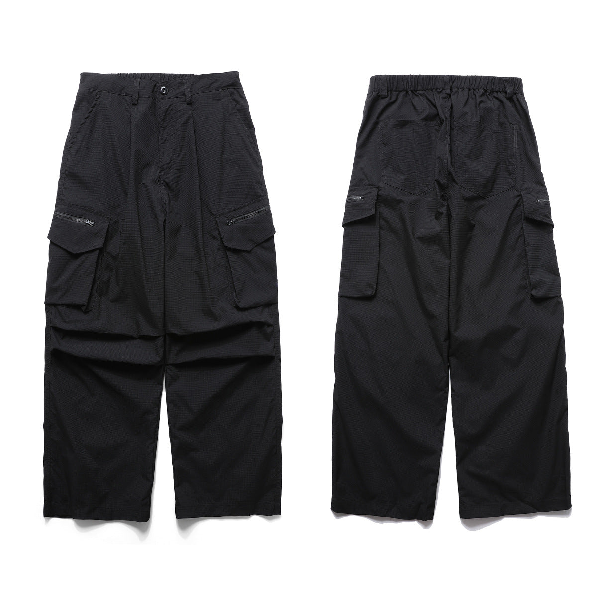 Wide-Leg Cargo Pants with Zipper Pockets – Ripstop Nylon, Relaxed Fit