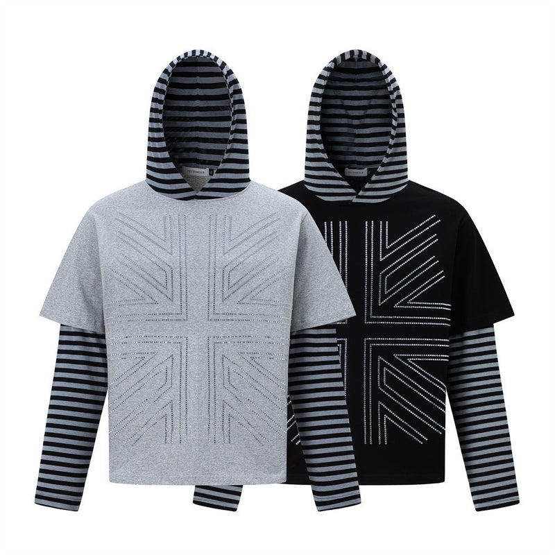 Long Sleeve Hoodie T-Shirt – Faux Layered Union Jack Rhinestone Stripe Design