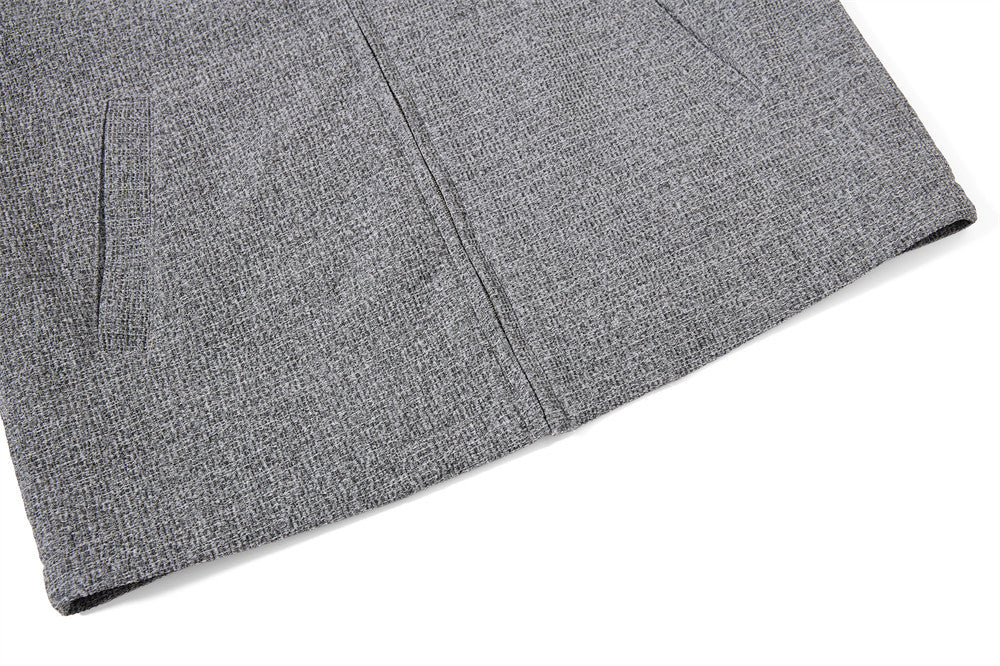 Wolljacke mit Reißverschluss – Herrenjacke aus grauem Tweedgewebe mit kontrastierendem Lederkragen