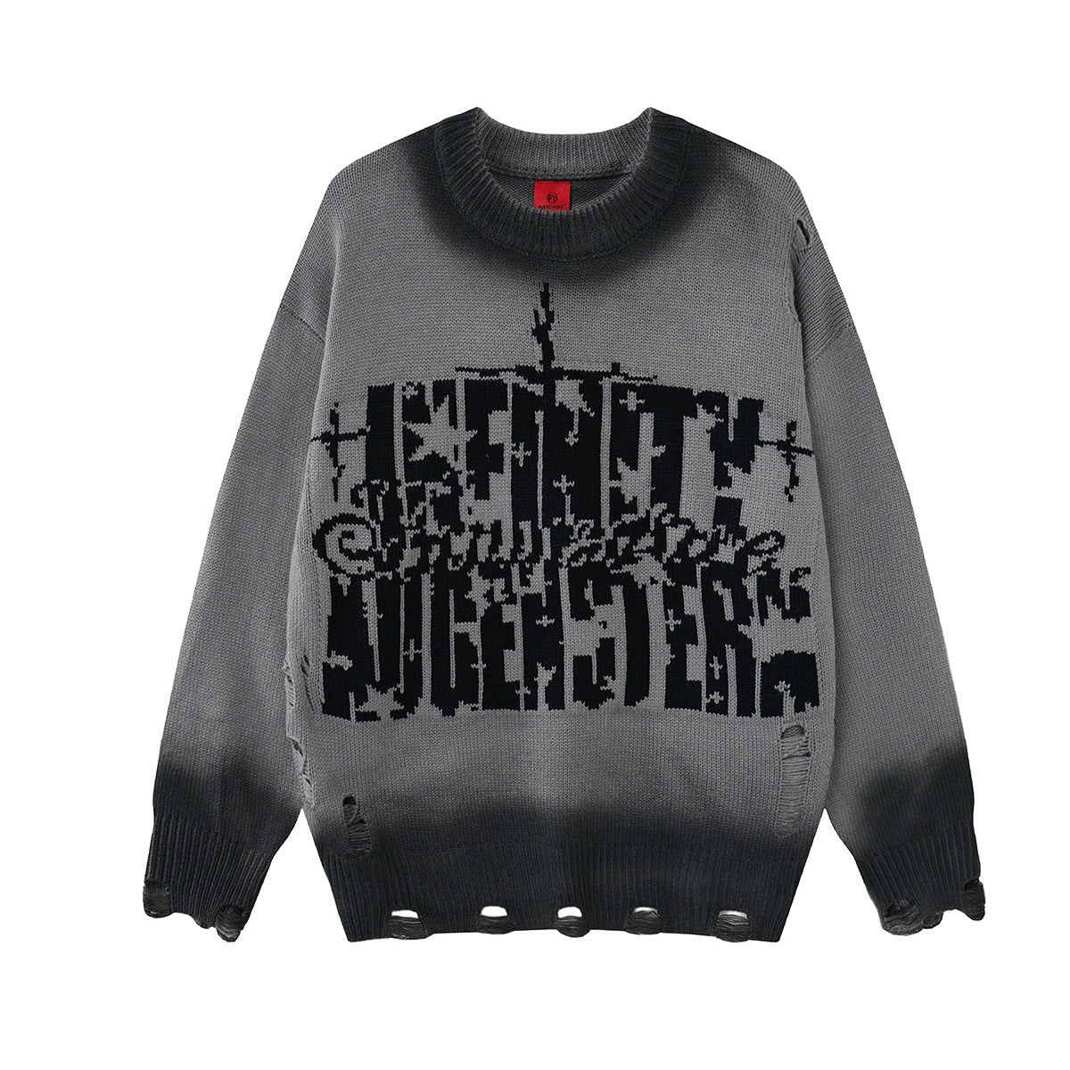 Pull oversize à col rond en maille, motif graffiti jacquard et bas délavé effet dégradé acid-wash, coloris gris