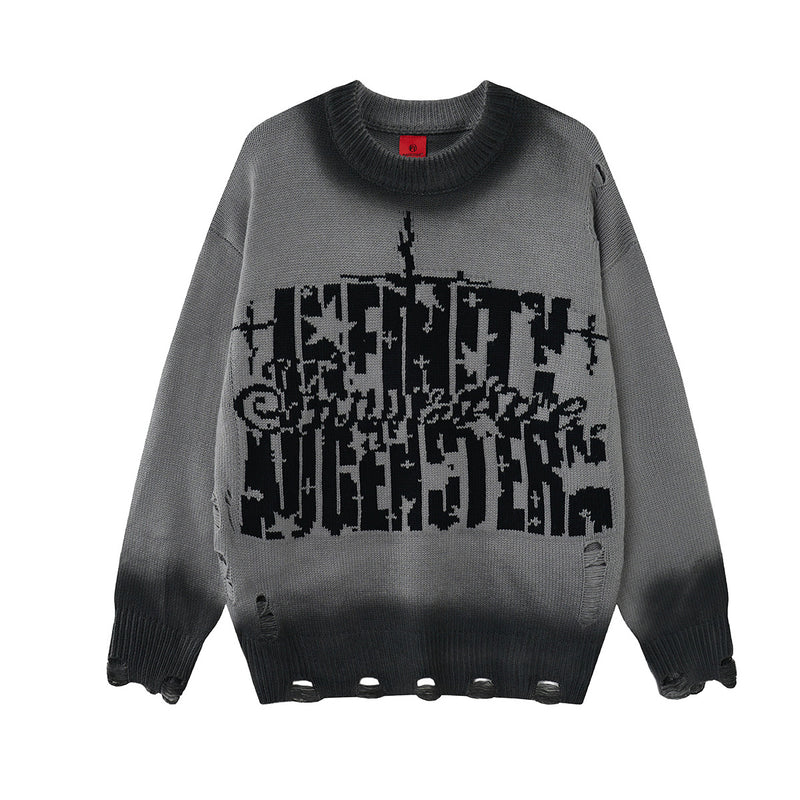 Pull oversize à col rond en maille, motif graffiti jacquard et bas délavé effet dégradé acid-wash, coloris gris