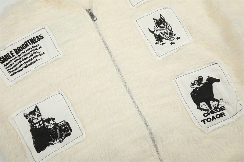 Fuzzy Knit Zip-Up Hoodie with Animal Patches – Streetwear Cardigan