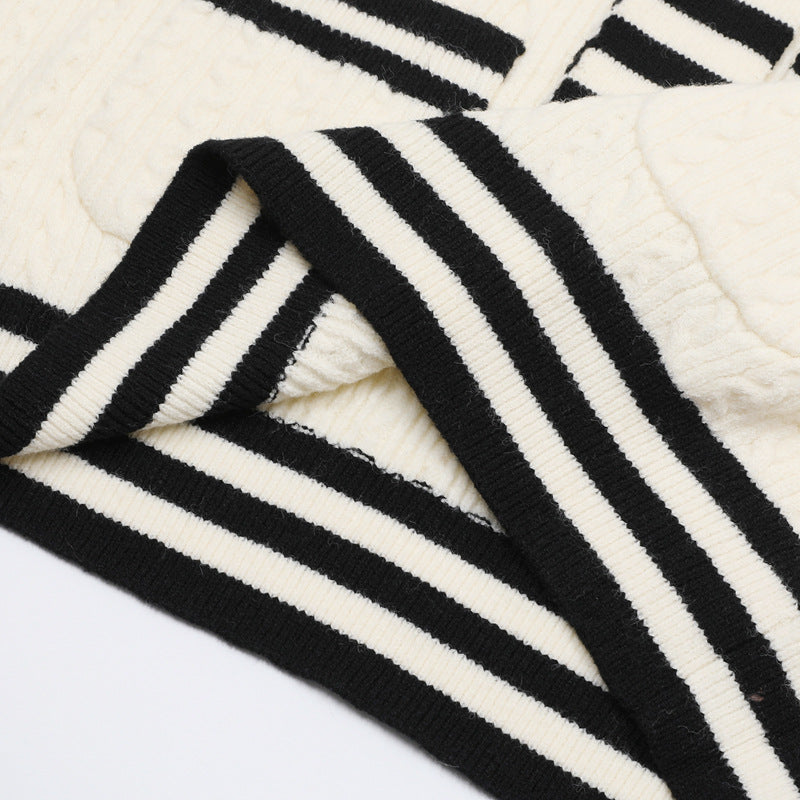 V-Neck Cable Knit Sweater Vest with Music Note Embroidery & Striped Tie Detail