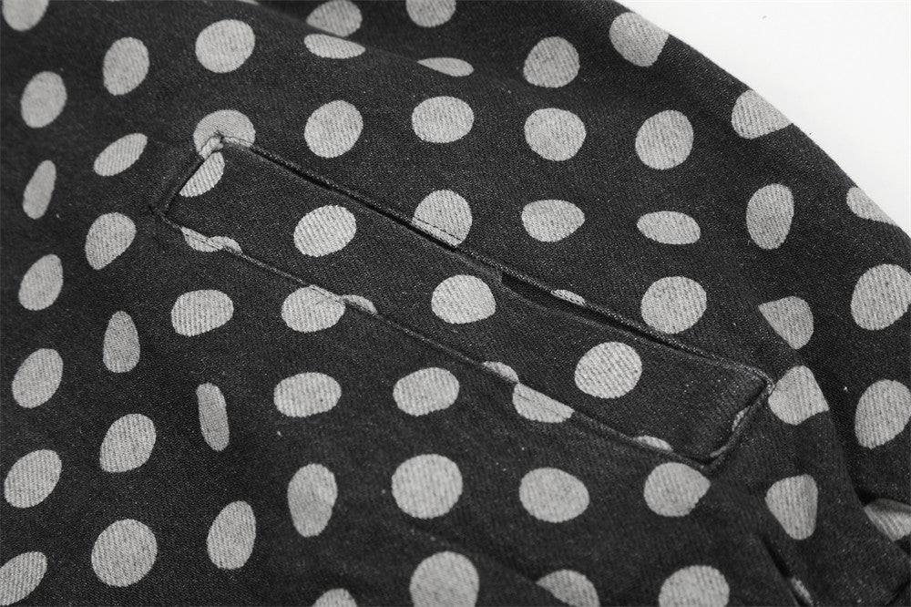 Men's Polka Dot Denim Track Jacket – Stand Collar Full-Zip Retro Streetwear