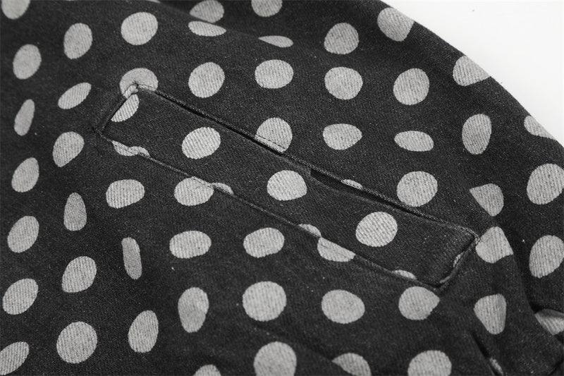 Men's Polka Dot Denim Track Jacket – Stand Collar Full-Zip Retro Streetwear