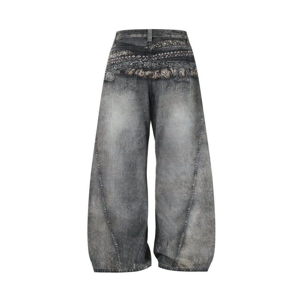 Baggy Wide-Leg Jeans – Paisley Graphic Waistband, Acid-Washed Grey Denim