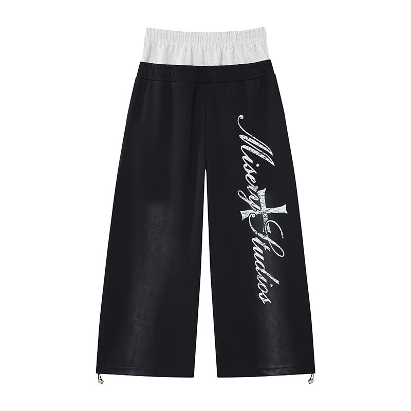 Wide-Leg-Sweatpants mit Colorblock-Doppelbund und Varsity-Grafikprint