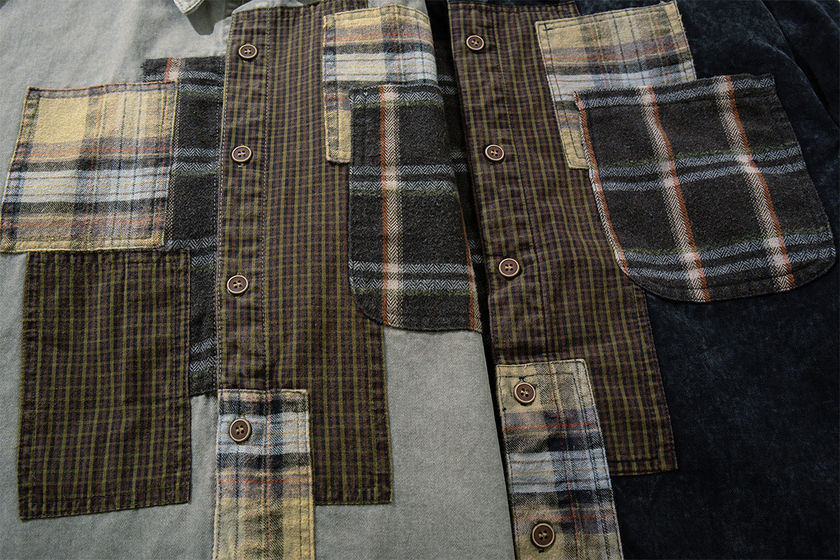 Patchwork Plaid Washed Denim Shirt – Oversized Vintage Nomad Style