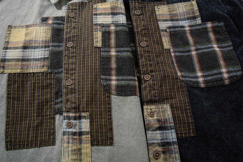 Patchwork Plaid Washed Denim Shirt – Oversized Vintage Nomad Style