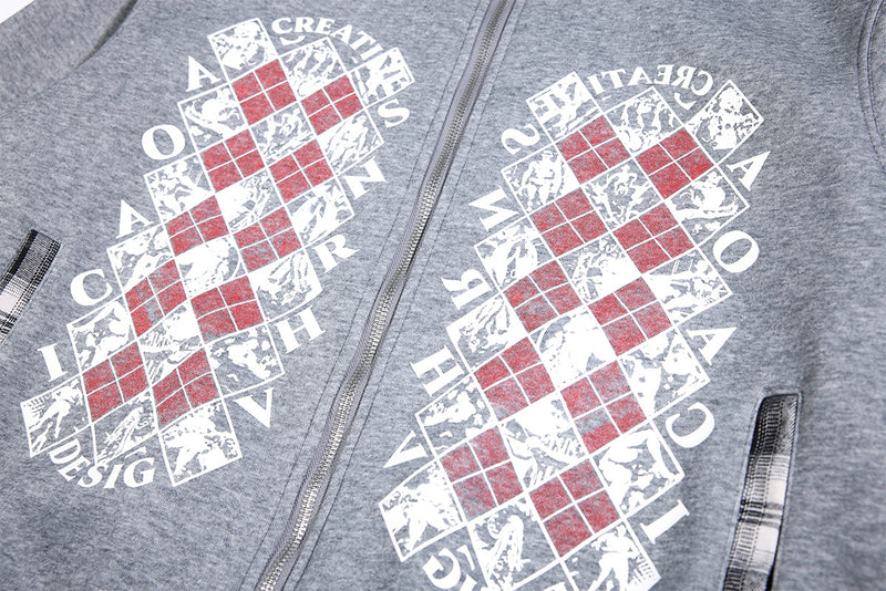 Grey Hoodie Zip Up – Argyle Graphic Flannel-Lined Full-Zip Hoodie