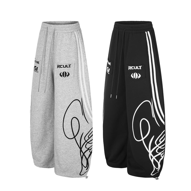 Streetwear-Jogginghose mit weitem Bein, Grafikprint & Seitenstreifen