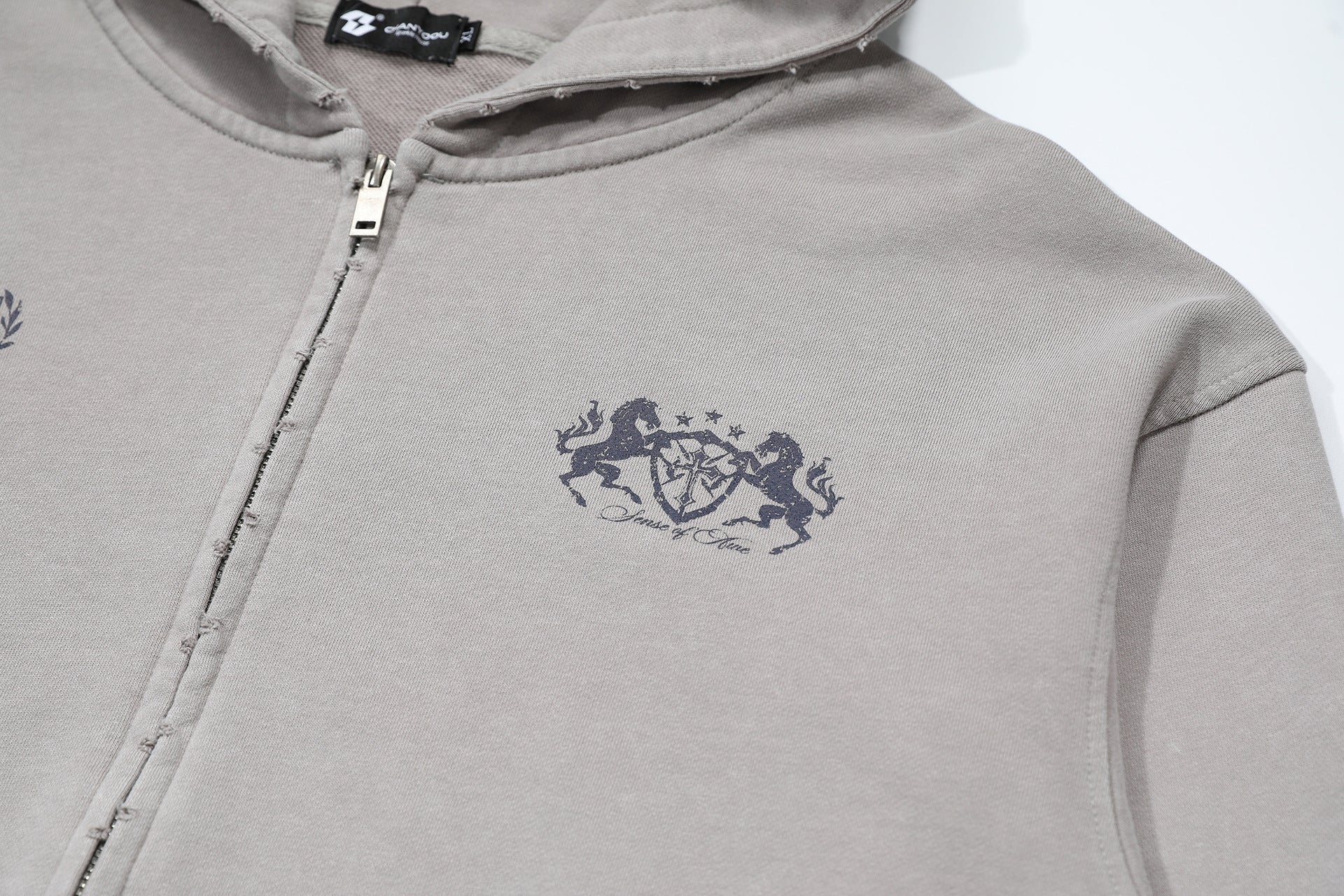 Zip-Up Cropped Hoodie Acid Wash Heraldic Crest Streetwear