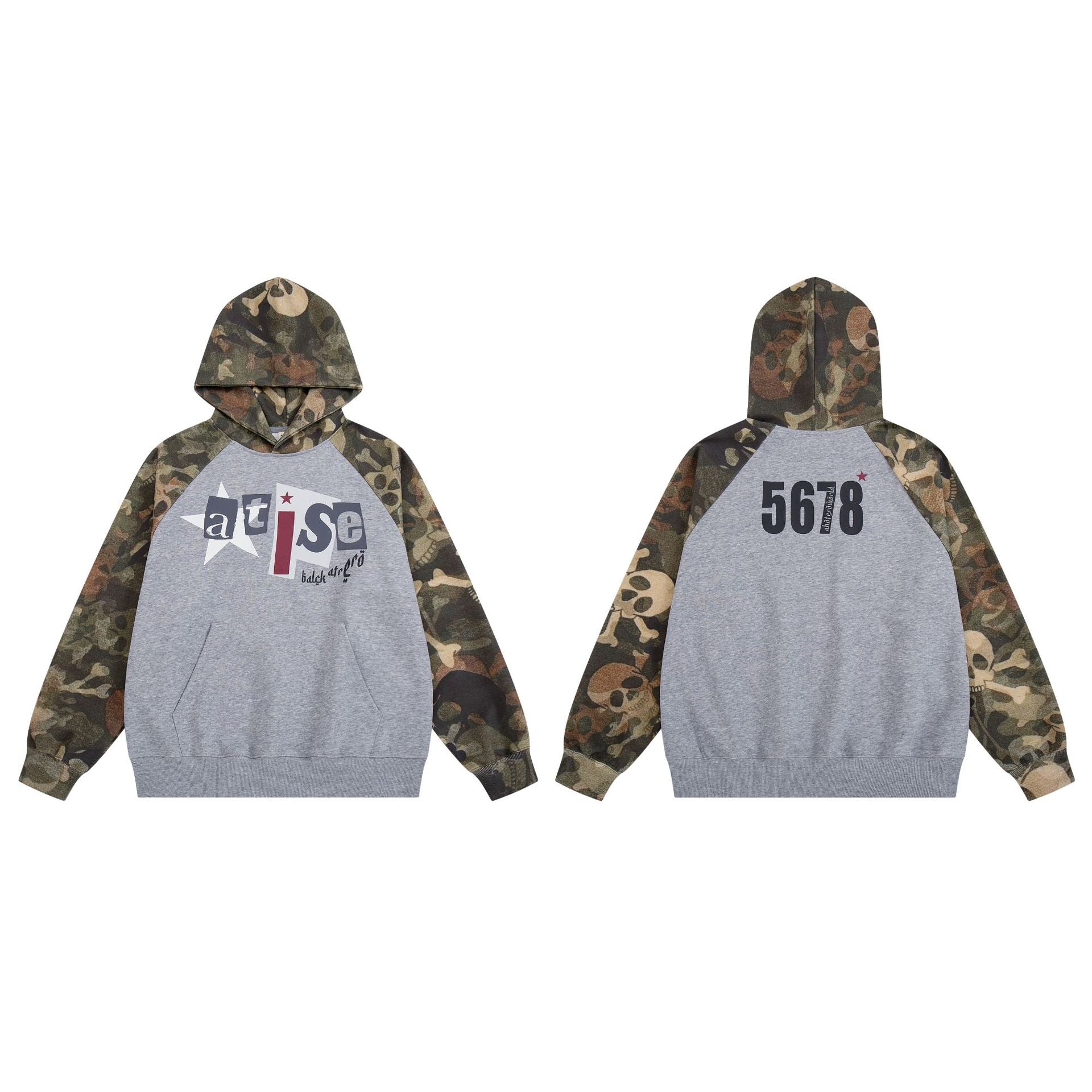 Camo Skull Raglan Hoodie – Colorblock Streetwear Pullover with Graphic Print