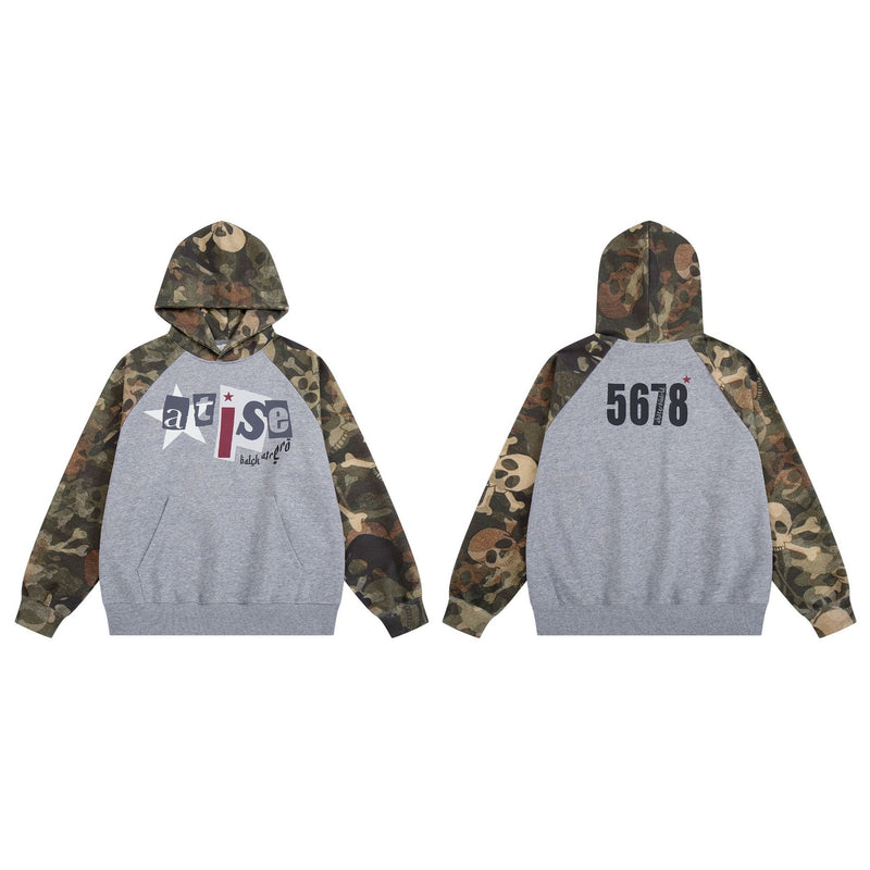 Camo Skull Raglan Hoodie – Colorblock Streetwear Pullover with Graphic Print
