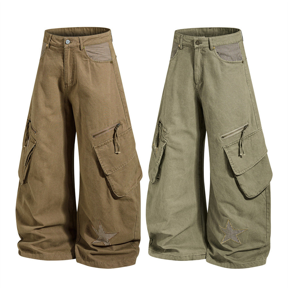Wide-Leg Cargo Pants – Star Patch, Plaid Detail & Multi-Pocket Baggy Fit