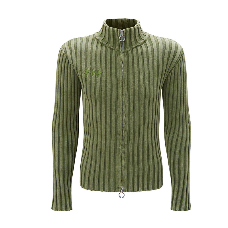 Ribbed Knit Mock-Neck Full-Zip Cardigan Sweater with Lightning Bolt Embroidery