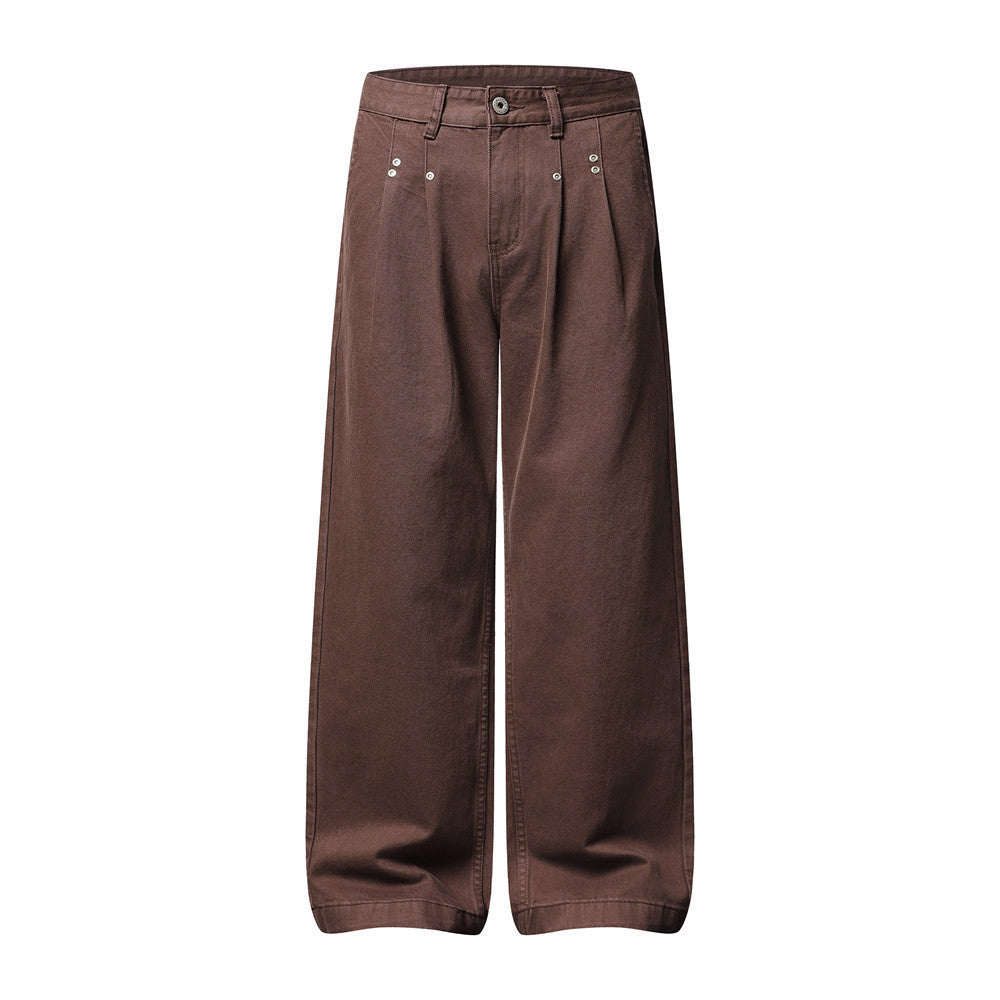 Wide-Leg Pleated Trousers – Men's High-Street Solid Color Straight-Cut Pants