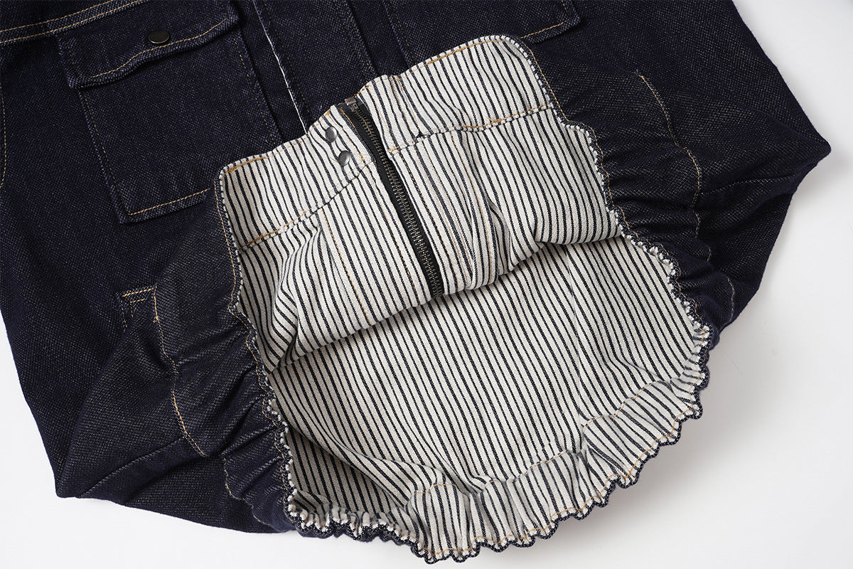 Veste de travail en denim indigo foncé – Coupe carrée, col montant et poches poitrine