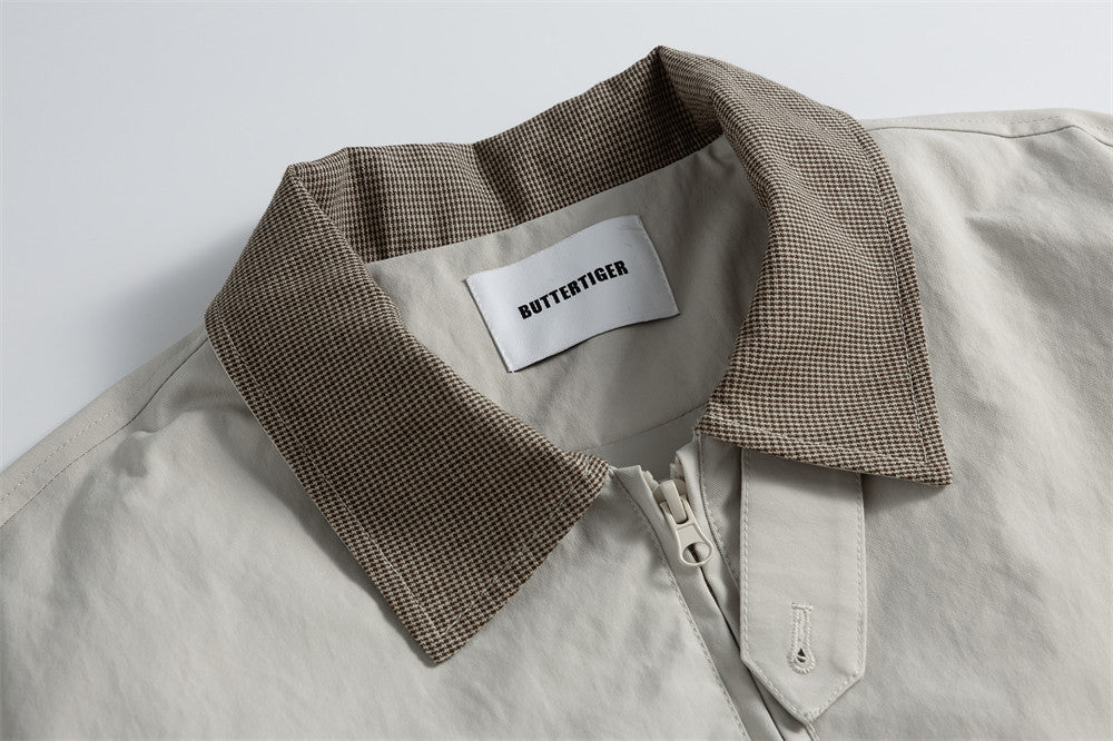 Men's Bomber Jacket with Houndstooth Collar & Pleated Sleeves