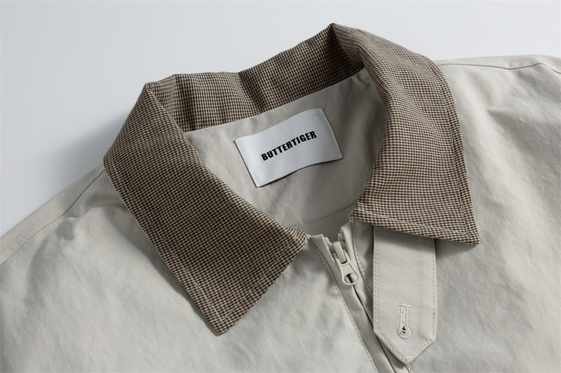 Men's Bomber Jacket with Houndstooth Collar & Pleated Sleeves