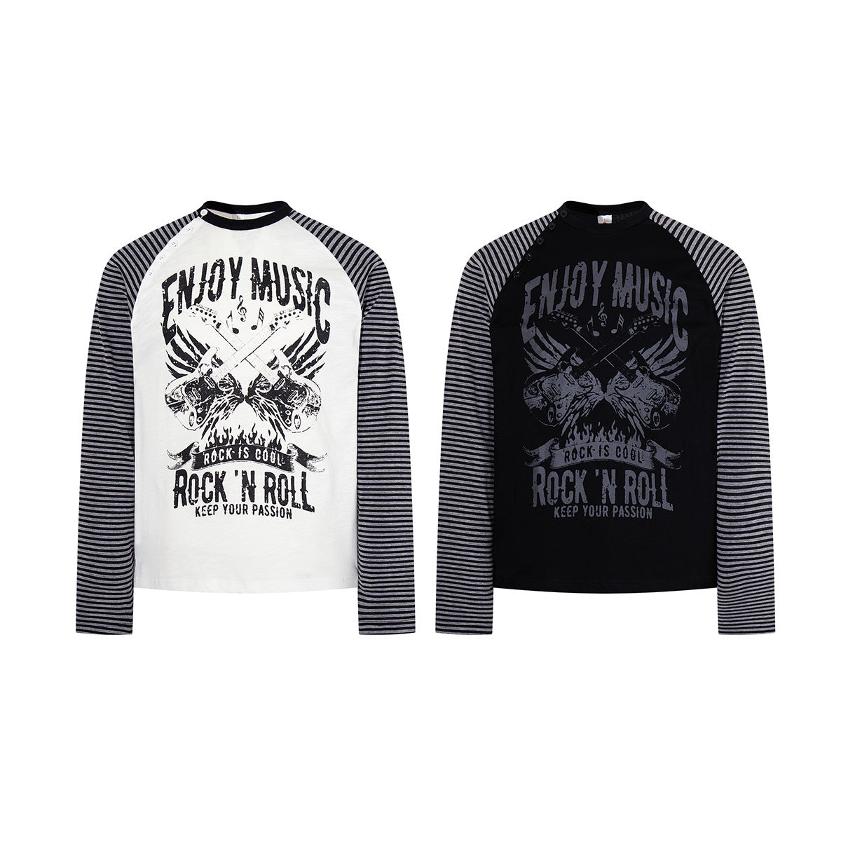 Long Sleeve Raglan Shirt – Rock 'N Roll Graphic, Black & White Striped Sleeves