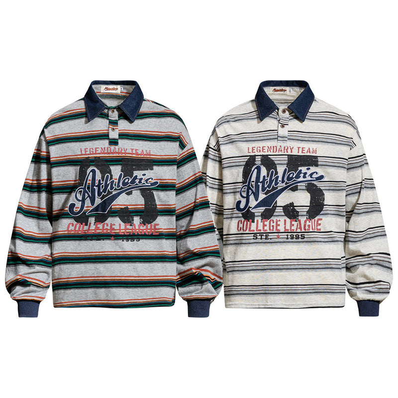 Striped Rugby Polo Shirt – Vintage American College Graphic Long Sleeve