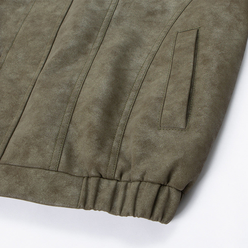 Mens Distressed Leather Jacket Oversized PU Bomber with Stand Collar — Olive
