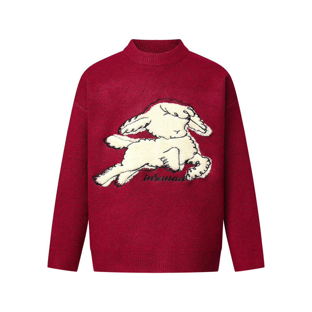 Men's Mock Neck Sweater with Lamb Flocked Graphic – Relaxed Fit Knit