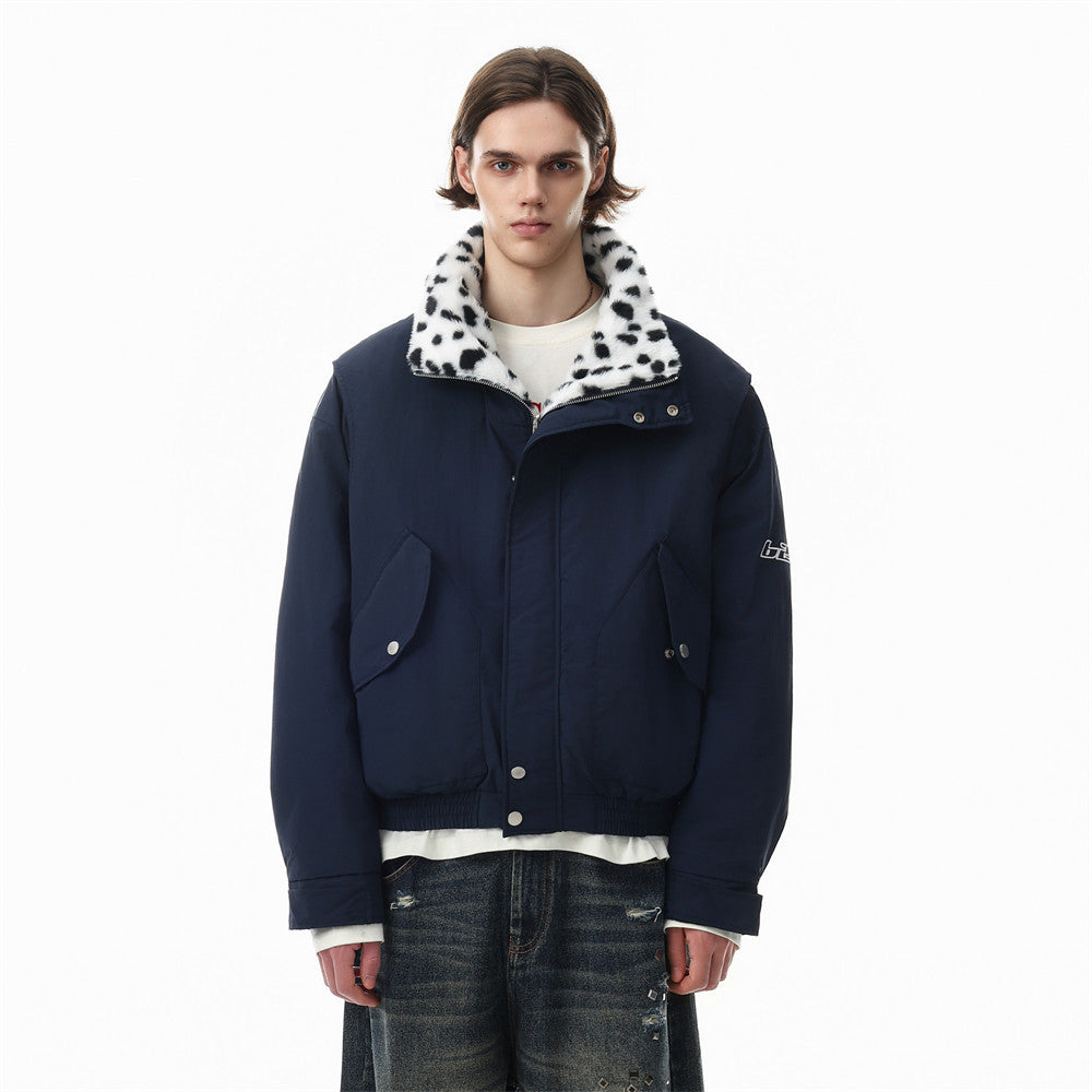 Reversible Stand-Collar Jacket Men's Dalmatian Faux Fur & Nylon Oversized Bomber