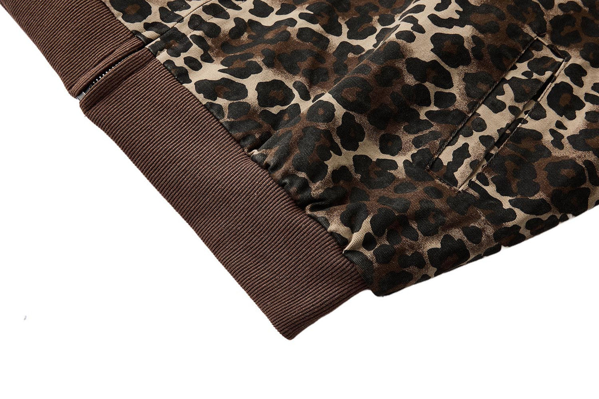 Leopard Print Track Jacket with Striped Sleeve Tape and Mock Neck Zip