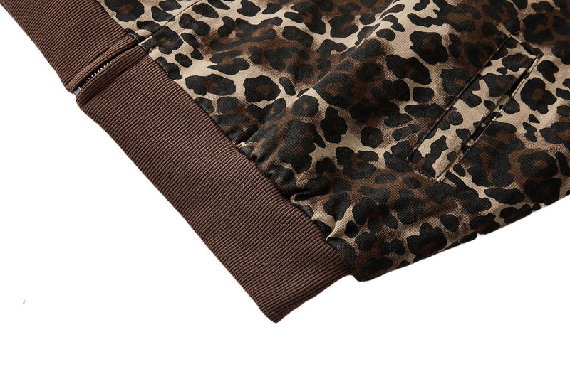 Leopard Print Track Jacket with Striped Sleeve Tape and Mock Neck Zip