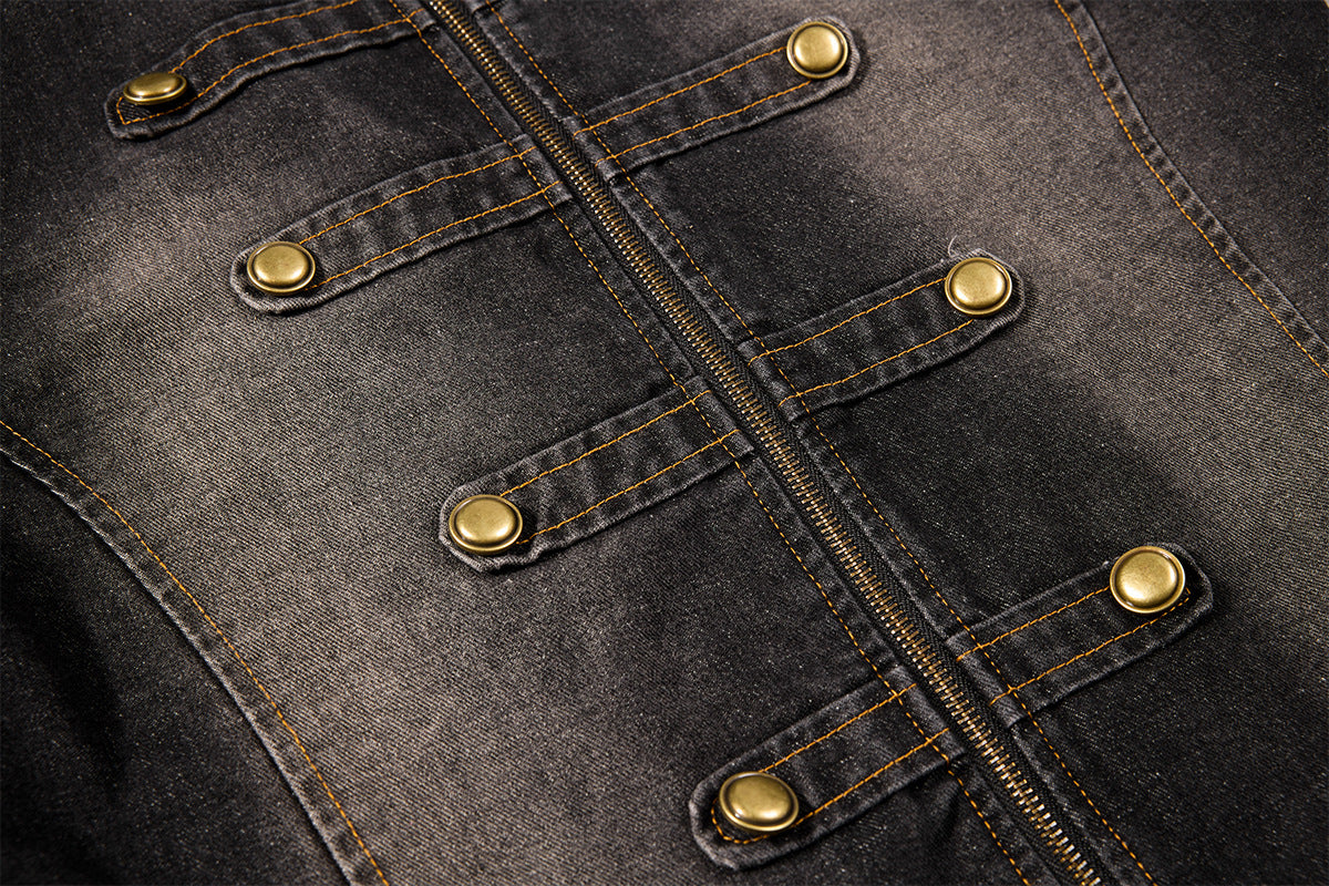 Military-Style Washed Denim Jacket – Stand Collar, Double-Breasted Button Detail