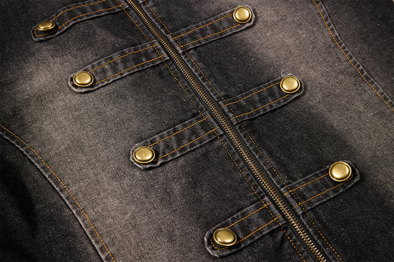 Military-Style Washed Denim Jacket – Stand Collar, Double-Breasted Button Detail