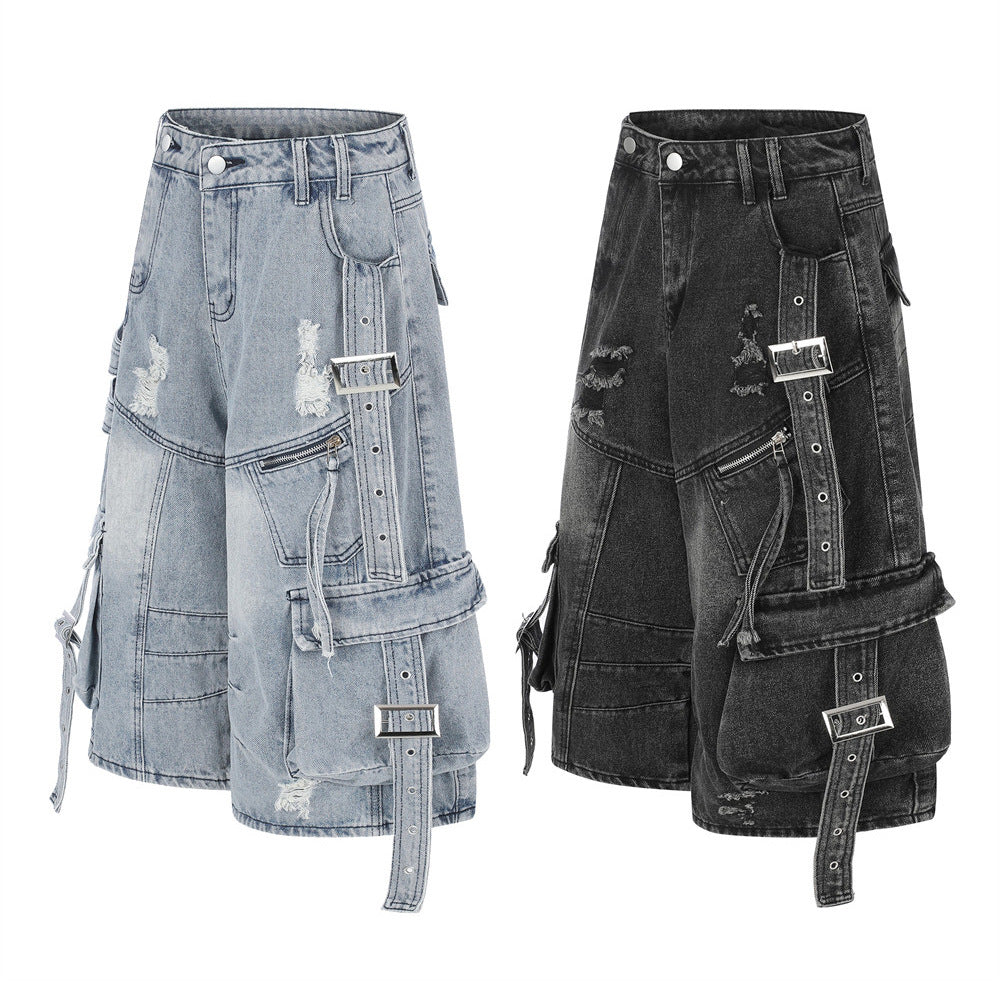 Deconstructed Cargo Denim Shorts – Multi-Pocket Punk Distressed Wide Leg
