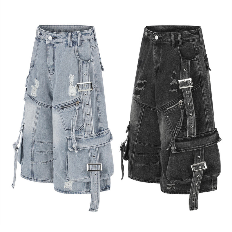 Deconstructed Cargo Denim Shorts – Multi-Pocket Punk Distressed Wide Leg