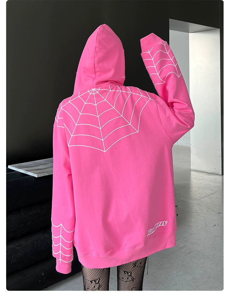 Spider-Inspired Hoodie - 400GSM Oversized Pink Zip-Up Superhero Sweatshirt