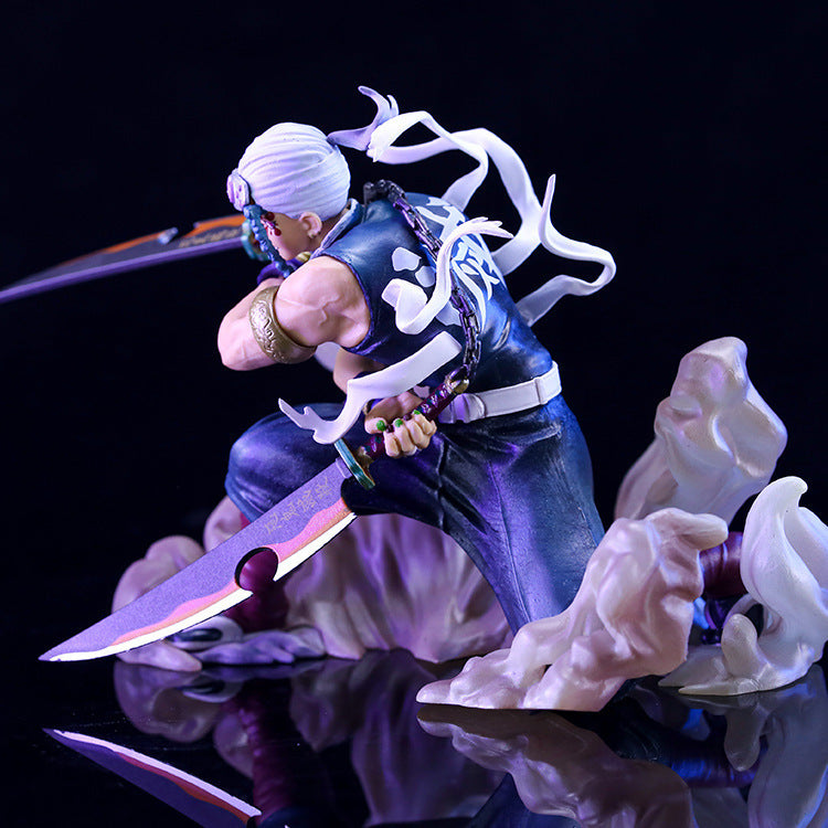 The Uzui Tengen Action Figure by Demon Slayer, standing 14CM tall, portrays the Battle Sound Pillar in a dynamic pose. Featuring white hair, dual swords, dark clothing, and a headband on a glossy black base with swirling ribbons and smoke for dramatic effect.