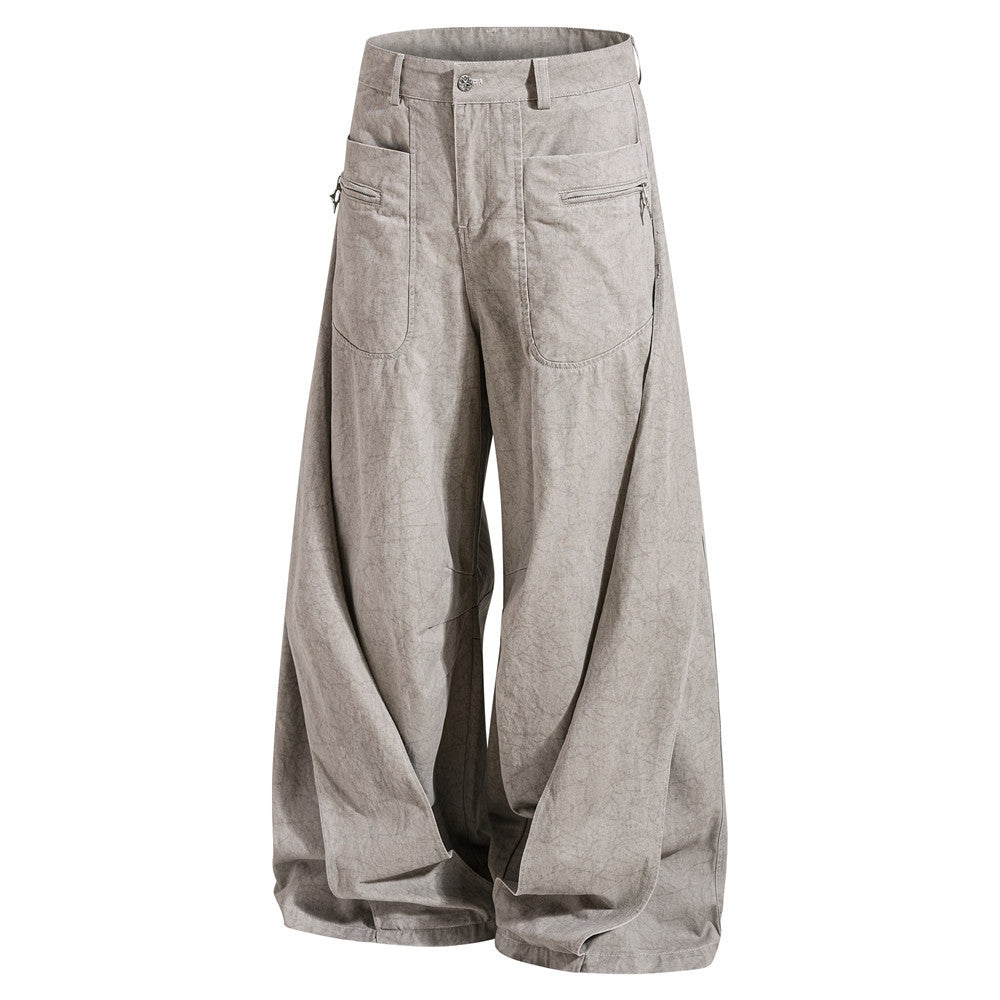 Wide-Leg Pleated Drape Pants – Acid Wash Baggy Trousers with Zip Pockets