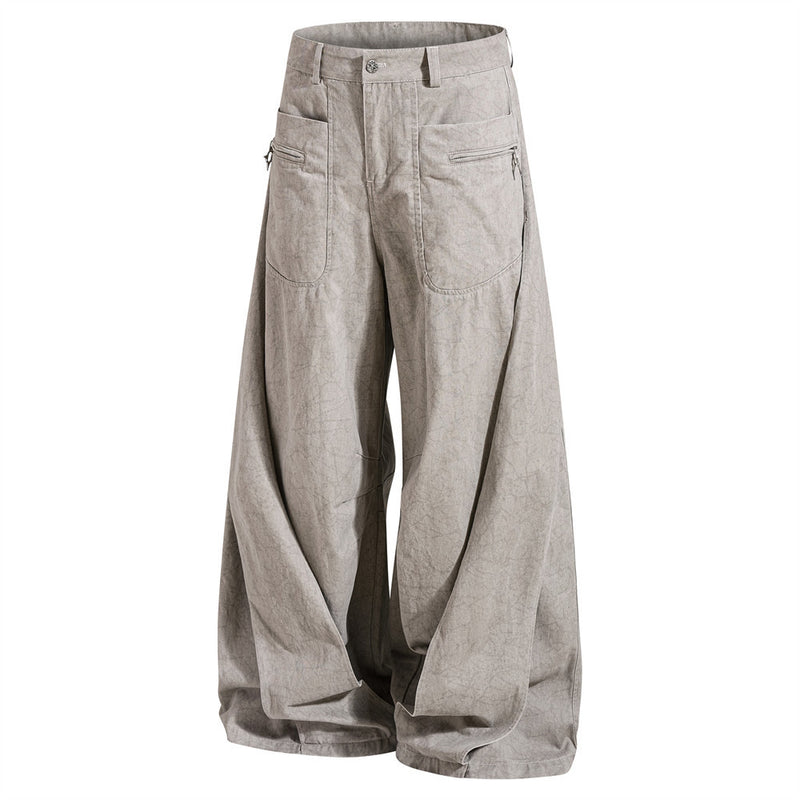 Wide-Leg Pleated Drape Pants – Acid Wash Baggy Trousers with Zip Pockets
