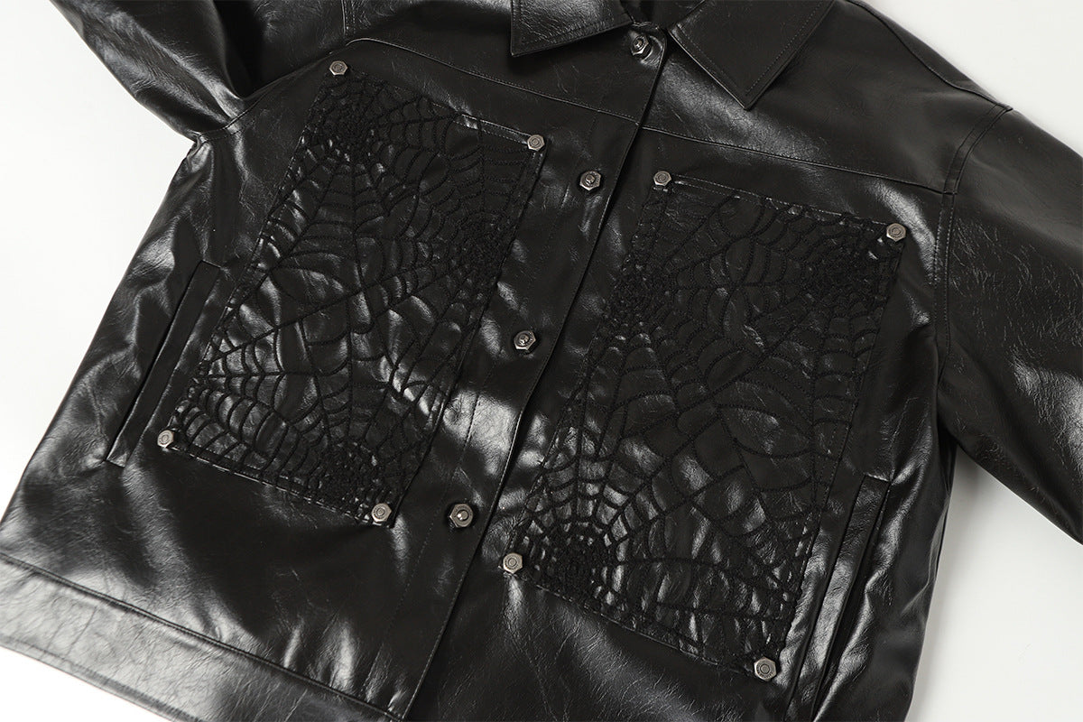 Spiderweb Embroidered PU Leather Jacket – Oversized Moto Fit