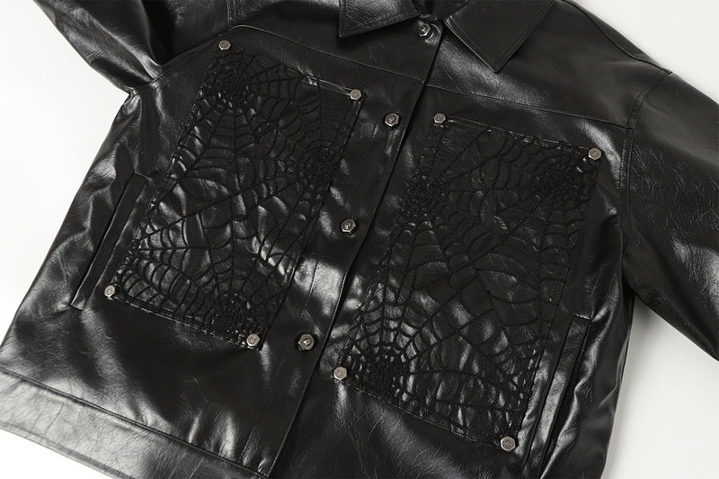 Spiderweb Embroidered PU Leather Jacket – Oversized Moto Fit