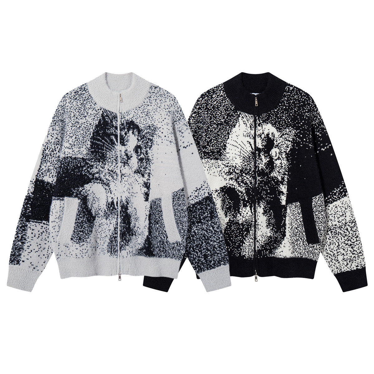 Cat Jacquard Knit Zip-Up Cardigan Sweater – Oversized Pixelated Graphic