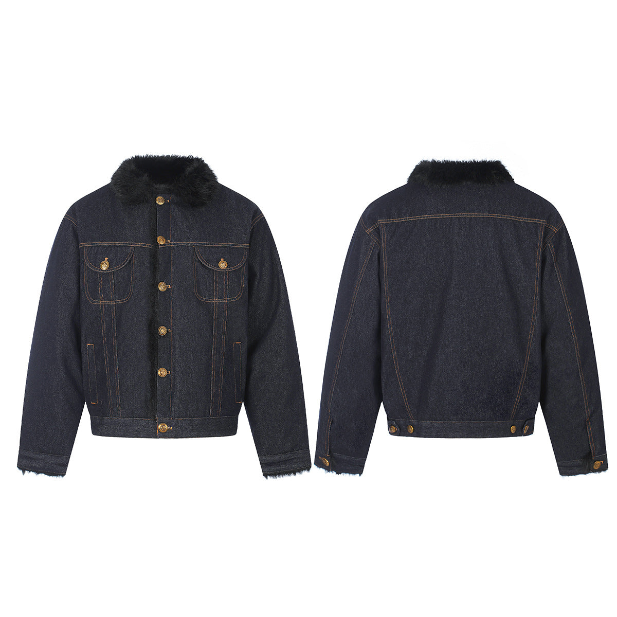 Dark Indigo Denim Jacket with Faux Fur Collar & Fleece Lining